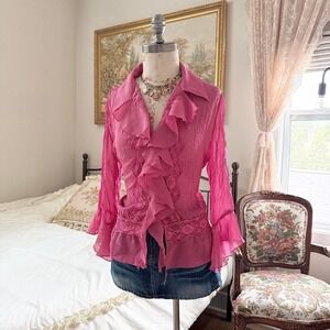 Y2K pink ruffle blouse Jaipir size XL lace trim crinkle chiffon bell sleeve